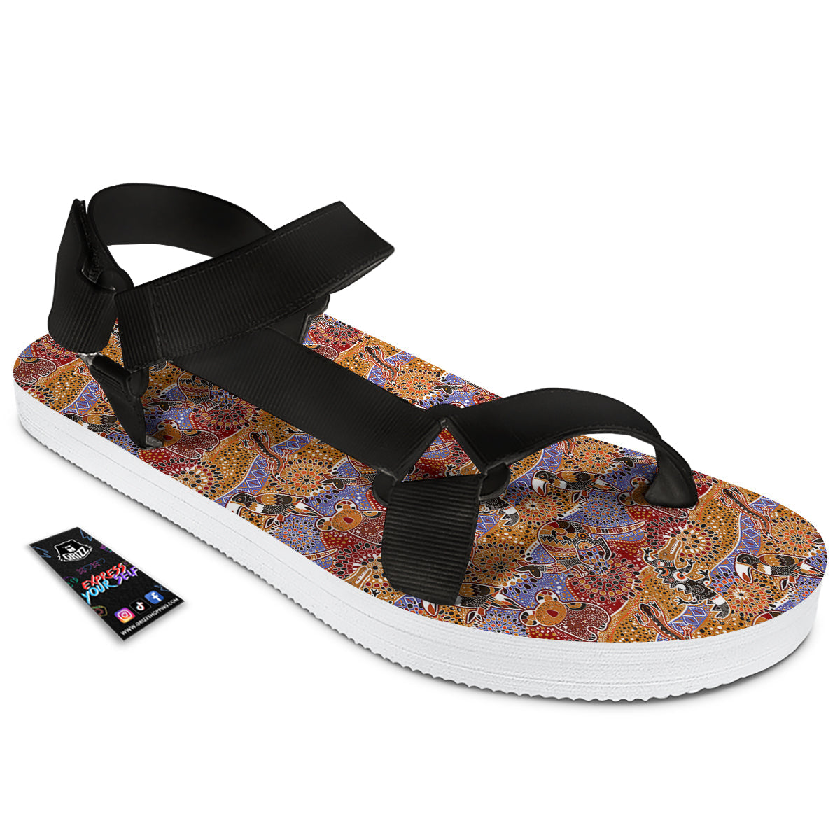 Animals Aboriginal Print Pattern Black Open Toe Sandals-grizzshop