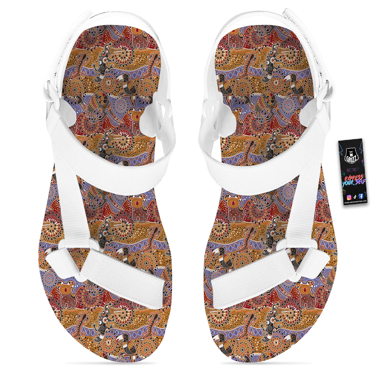 Animals Aboriginal Print Pattern White Open Toe Sandals-grizzshop