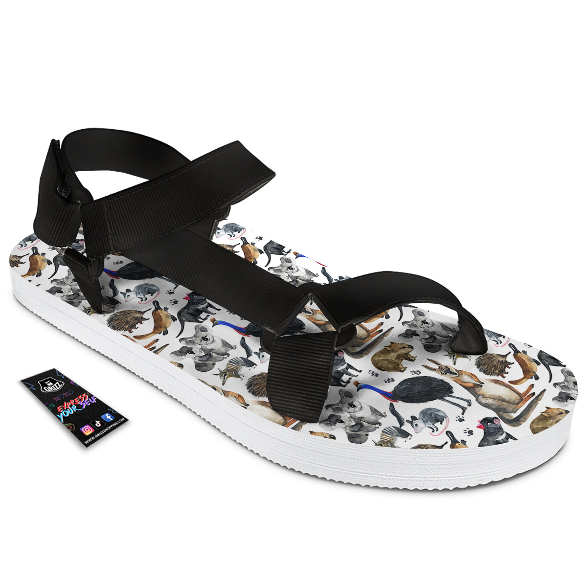 Animals Australian Print Pattern Black Open Toe Sandals-grizzshop