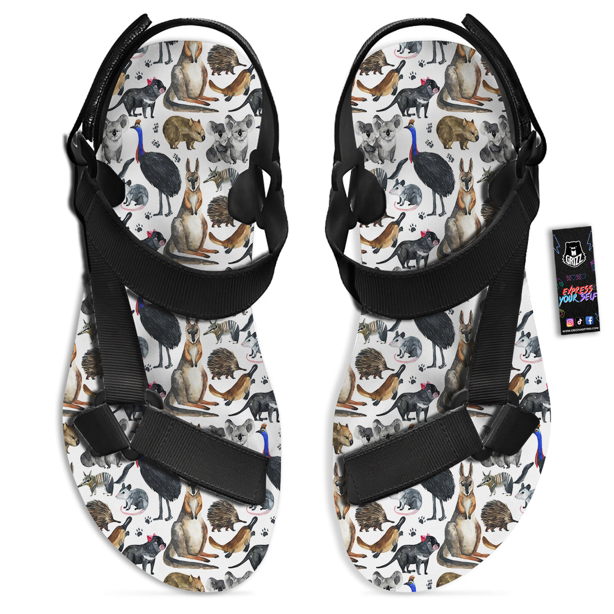 Animals Australian Print Pattern Black Open Toe Sandals-grizzshop