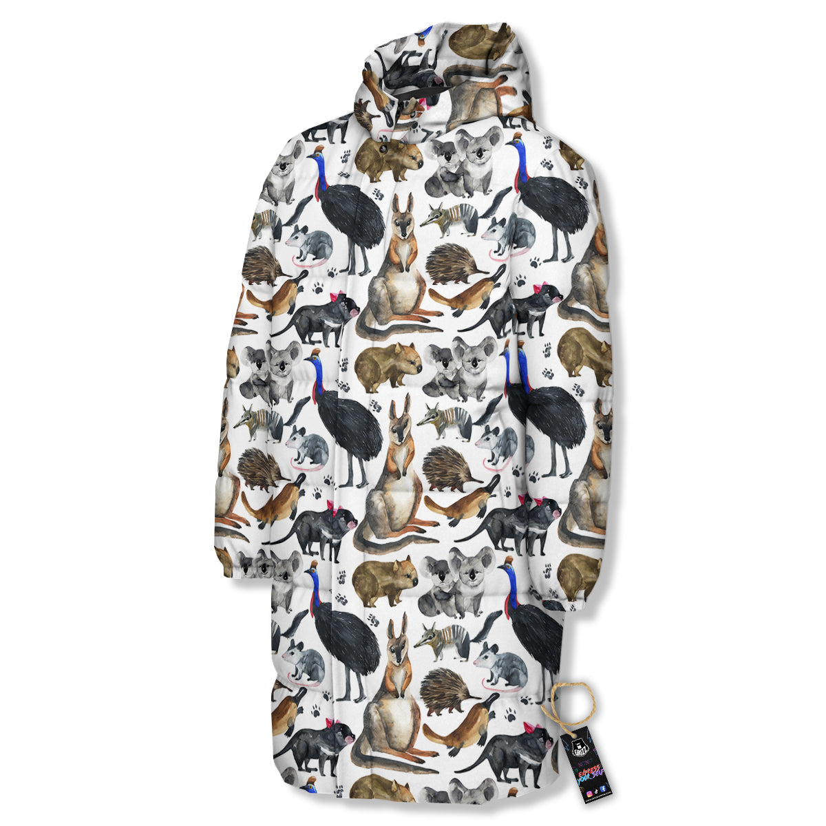 Animals Australian Print Pattern Long Down Jacket-grizzshop