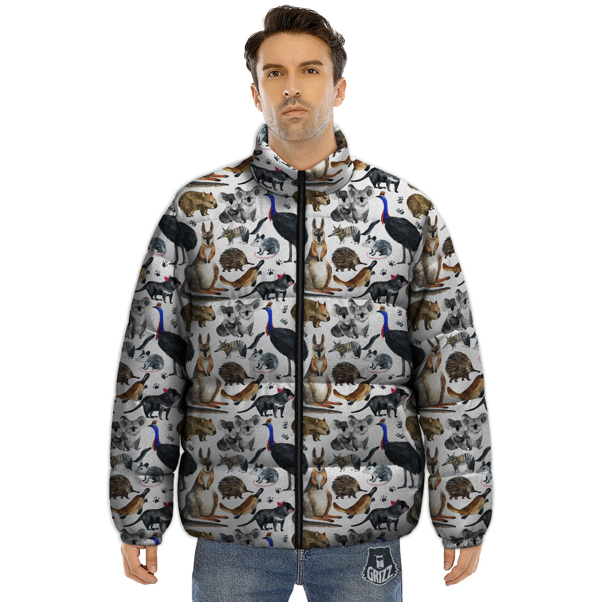 Animals Australian Print Pattern Puffer Jacket-grizzshop