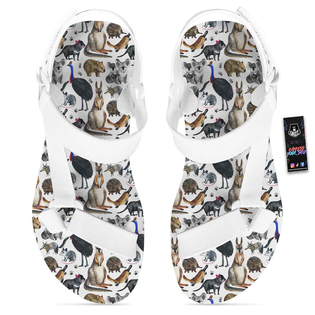 Animals Australian Print Pattern White Open Toe Sandals-grizzshop