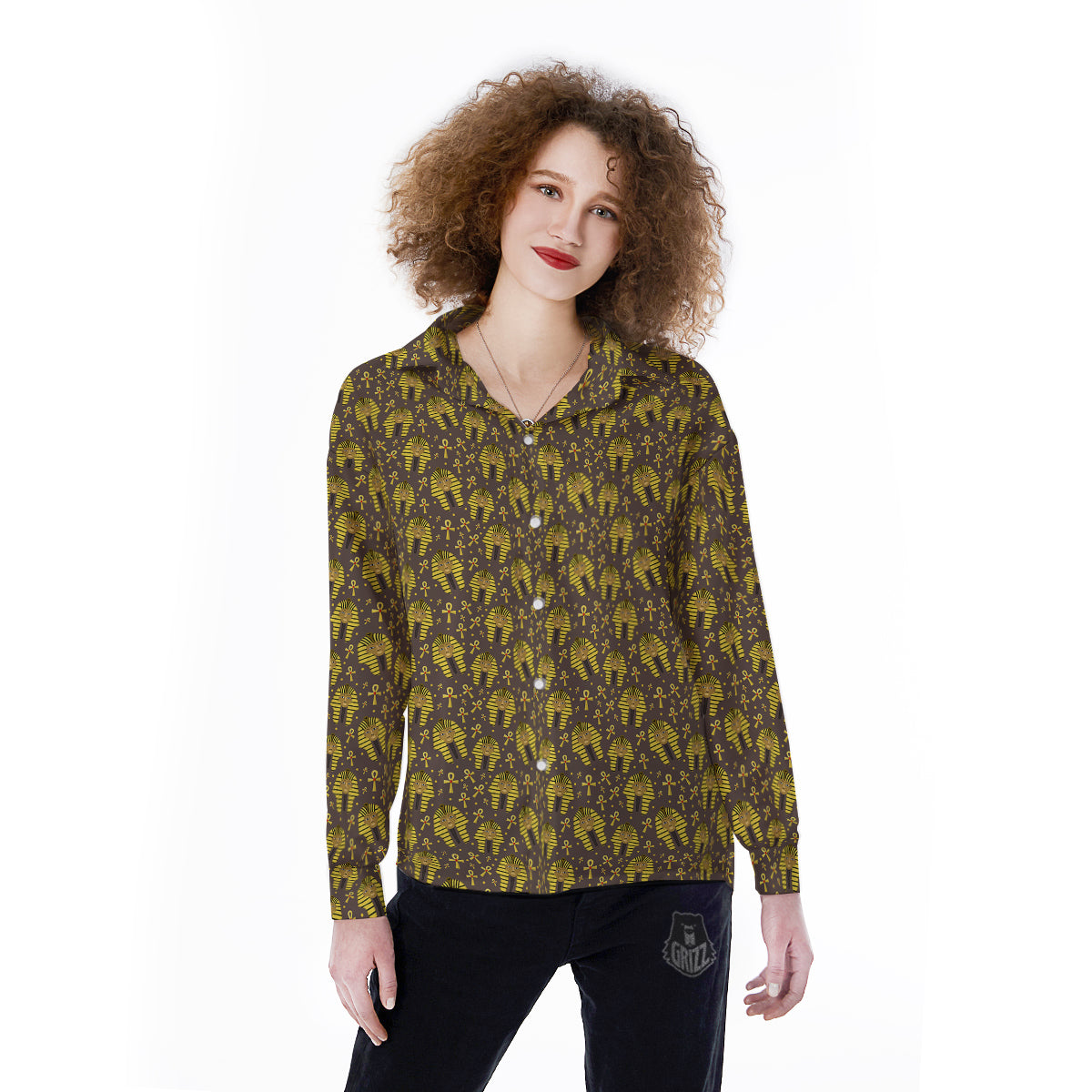 Ankh And Pharaoh Print Pattern Women's Long Sleeve Shirts-grizzshop