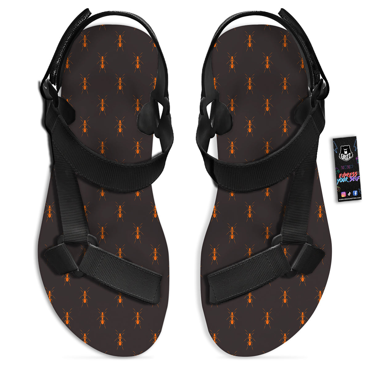 Ant Orange Print Pattern Black Open Toe Sandals-grizzshop