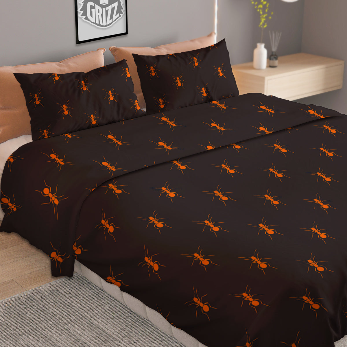 Ant Orange Print Pattern Duvet Cover Bedding Set-grizzshop