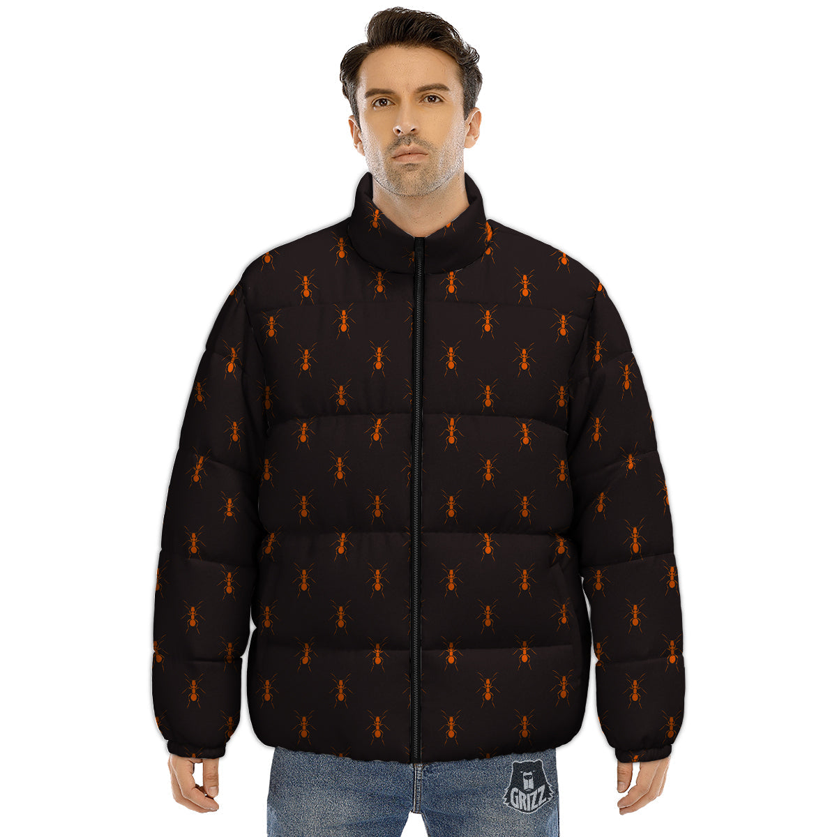 Ant Orange Print Pattern Puffer Jacket-grizzshop