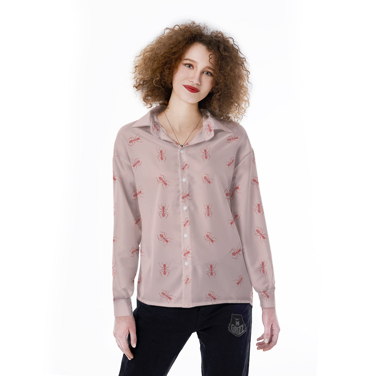 Ant Red Pink Print Pattern Women's Long Sleeve Shirts-grizzshop