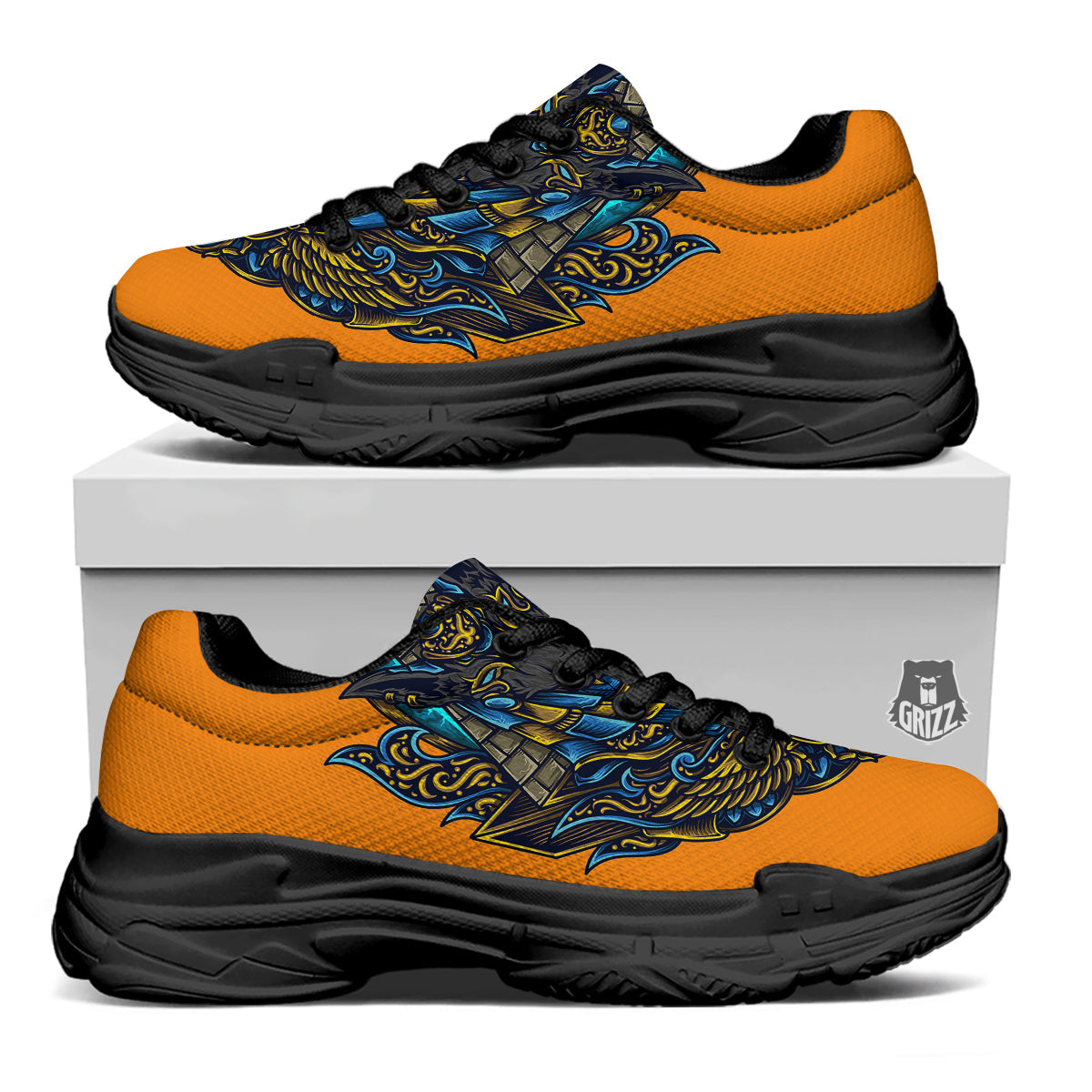 Anubis Engraving Ornament Print Black Chunky Shoes-grizzshop