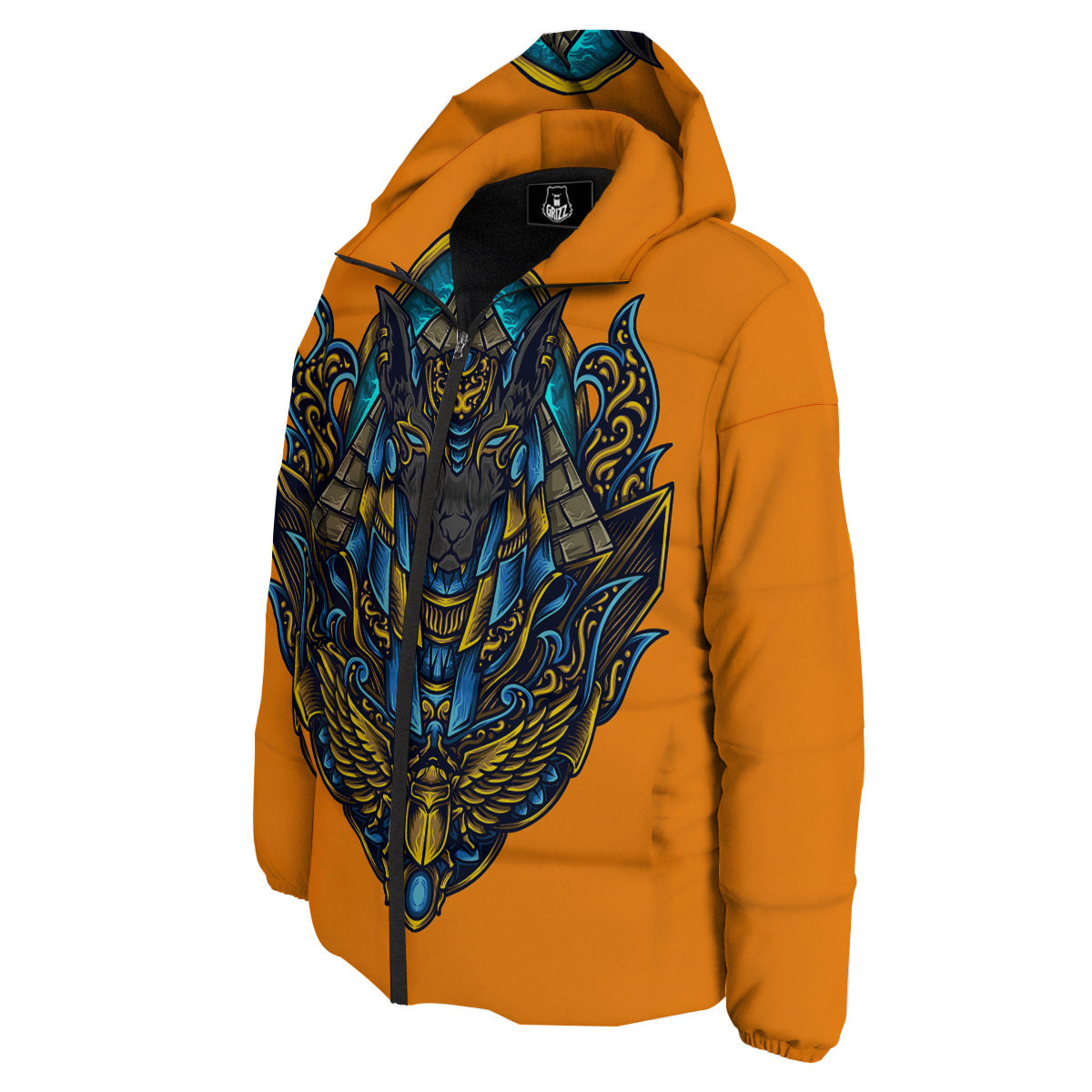 Anubis Engraving Ornament Print Down Jacket-grizzshop