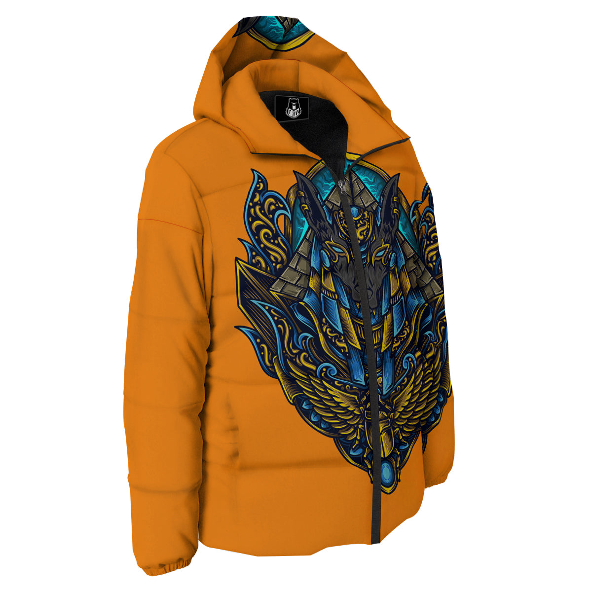 Anubis Engraving Ornament Print Down Jacket-grizzshop