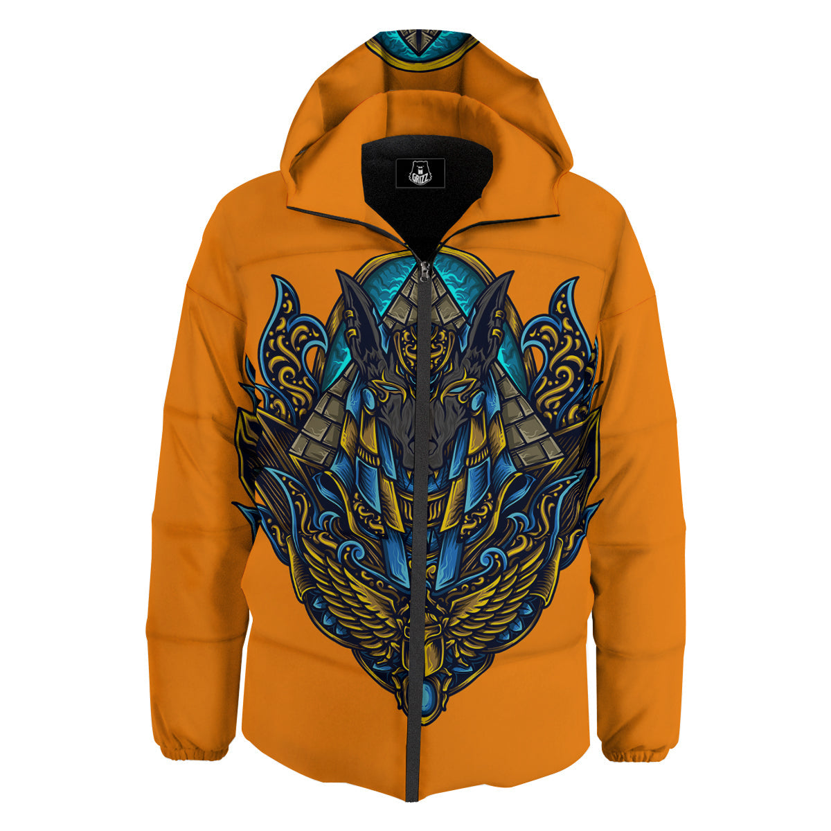 Anubis Engraving Ornament Print Down Jacket-grizzshop