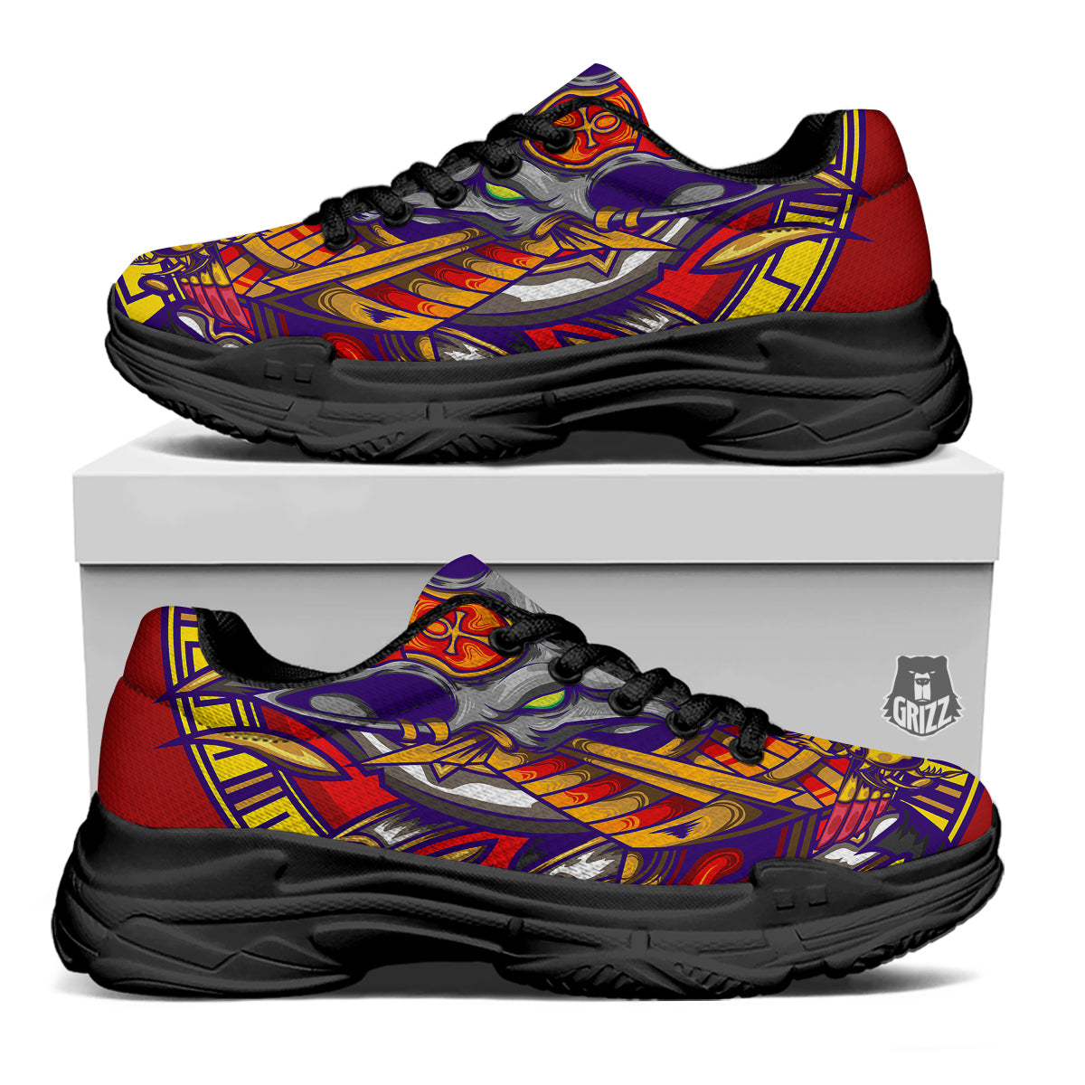 Anubis Exotic Egyptian Print Black Chunky Shoes-grizzshop