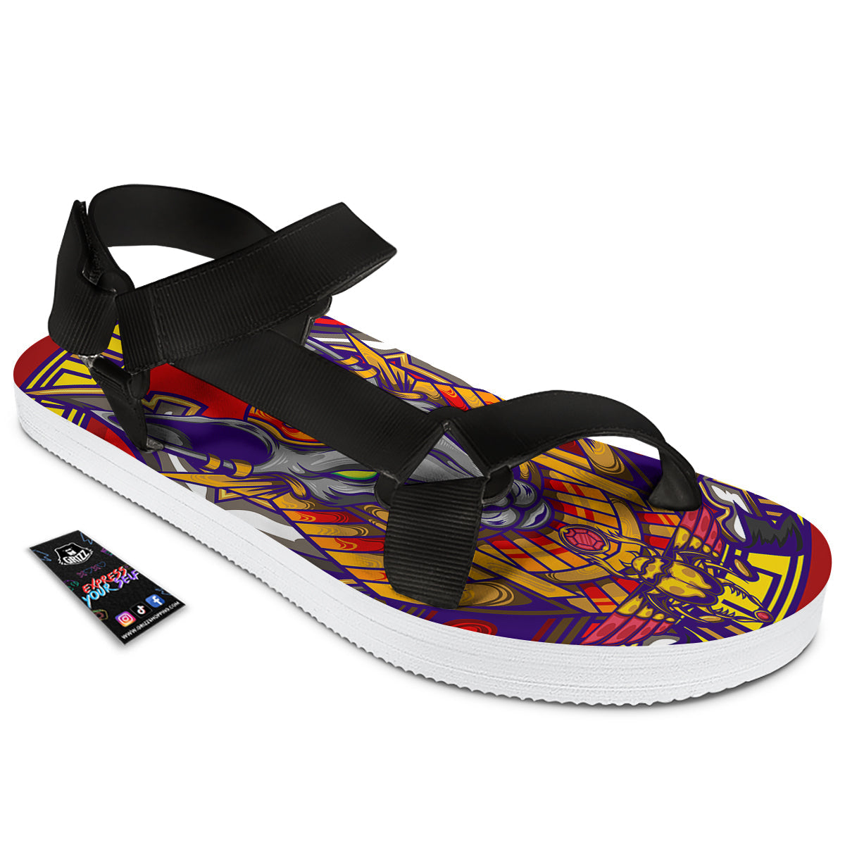 Anubis Exotic Egyptian Print Black Open Toe Sandals-grizzshop