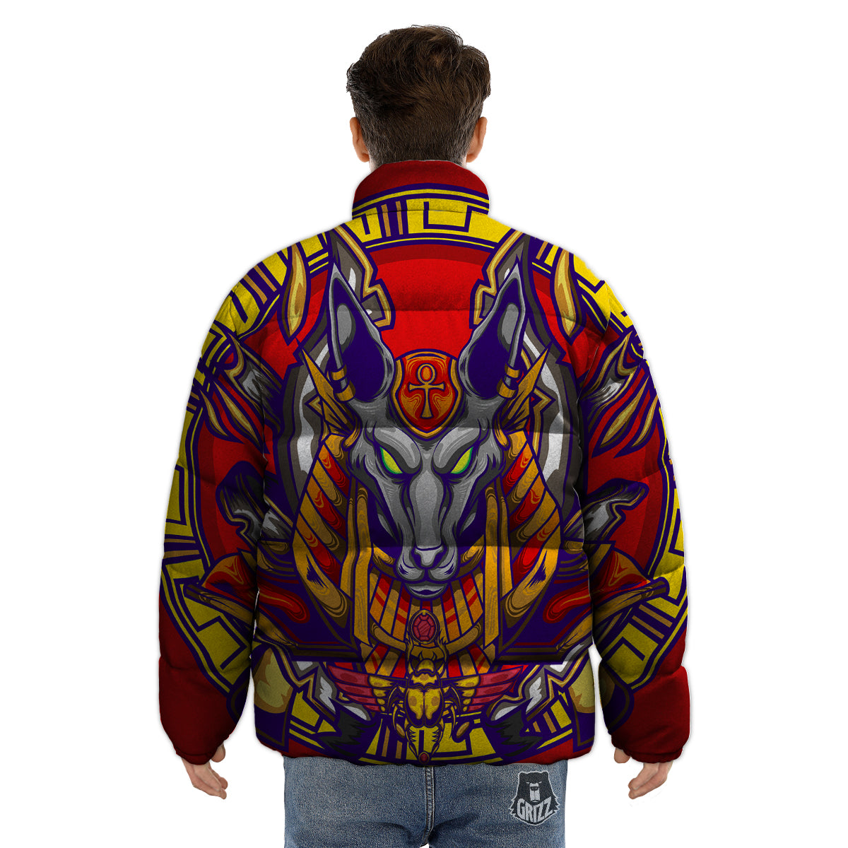 Anubis Exotic Egyptian Print Puffer Jacket-grizzshop
