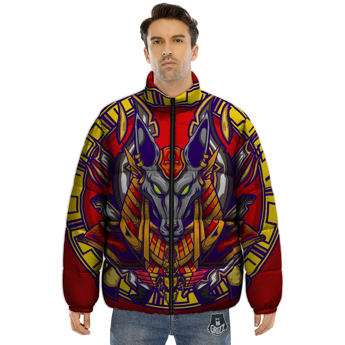 Anubis Exotic Egyptian Print Puffer Jacket-grizzshop