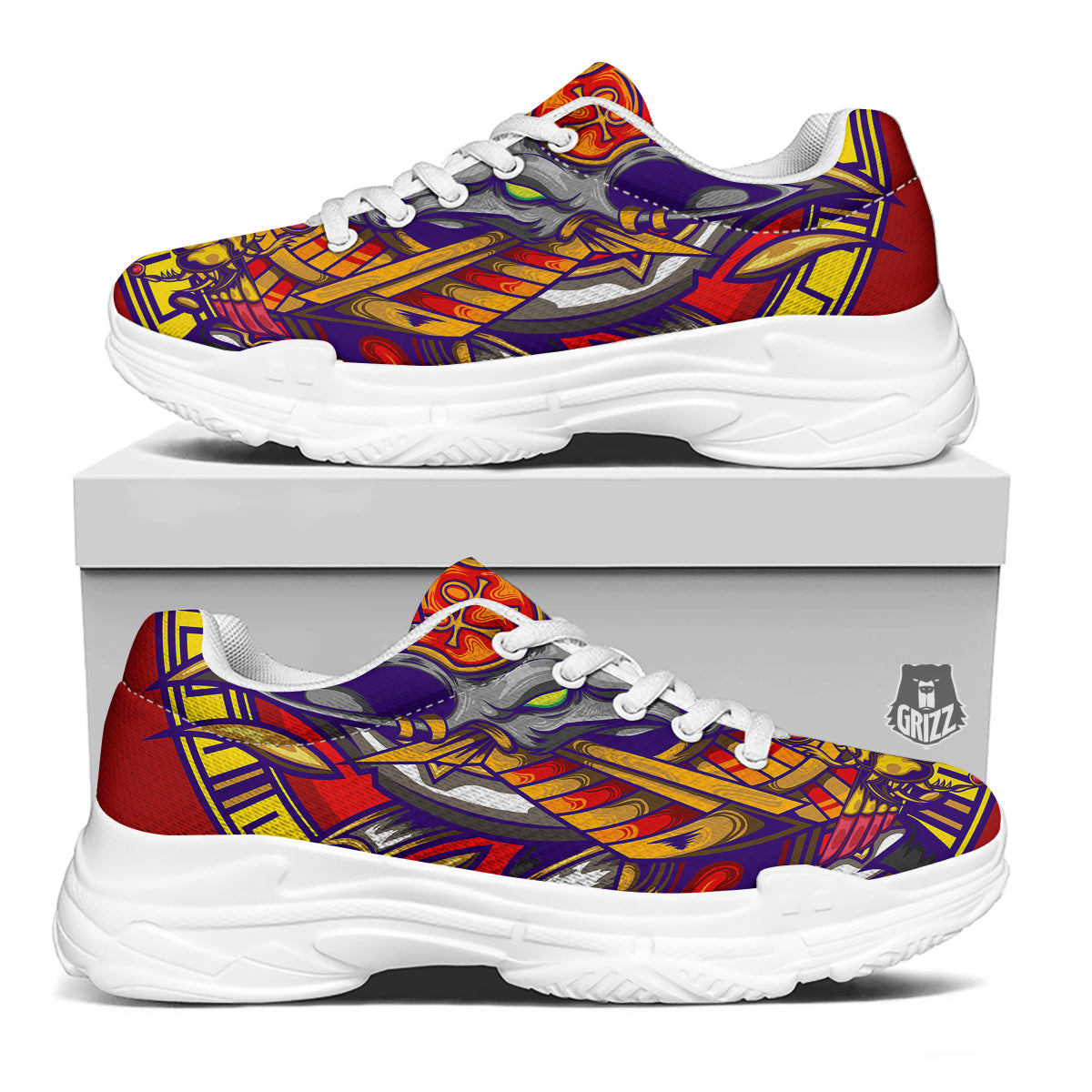 Anubis Exotic Egyptian Print White Chunky Shoes-grizzshop