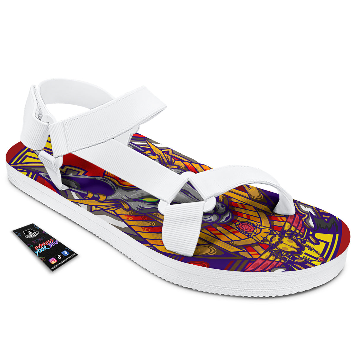 Anubis Exotic Egyptian Print White Open Toe Sandals-grizzshop