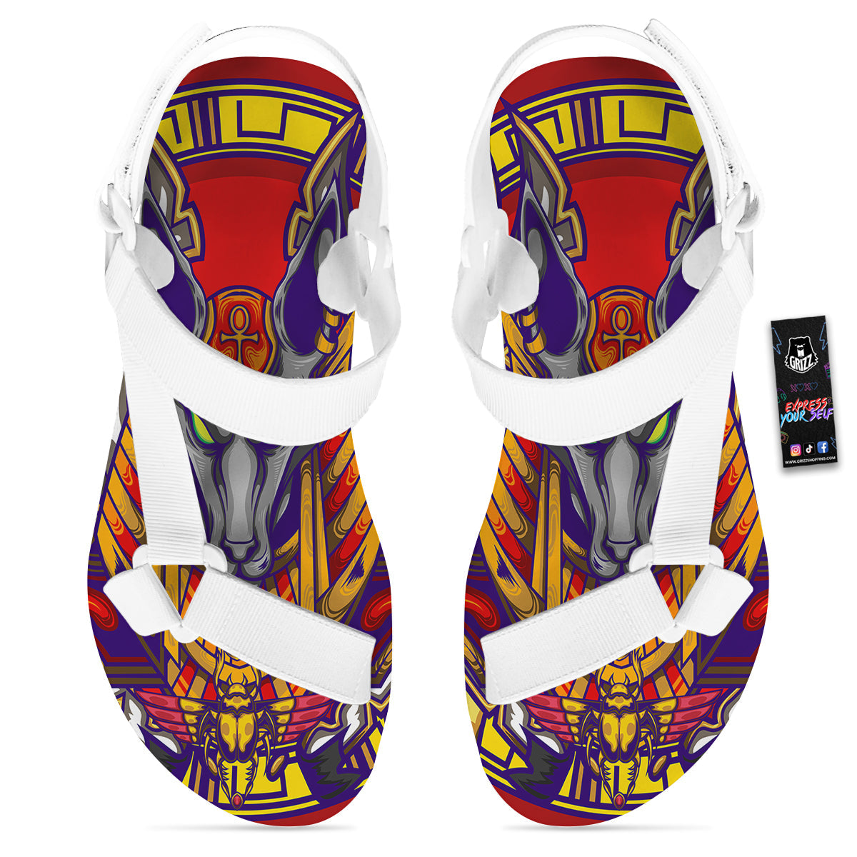 Anubis Exotic Egyptian Print White Open Toe Sandals-grizzshop