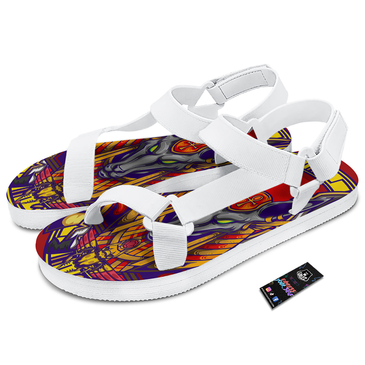 Anubis Exotic Egyptian Print White Open Toe Sandals-grizzshop