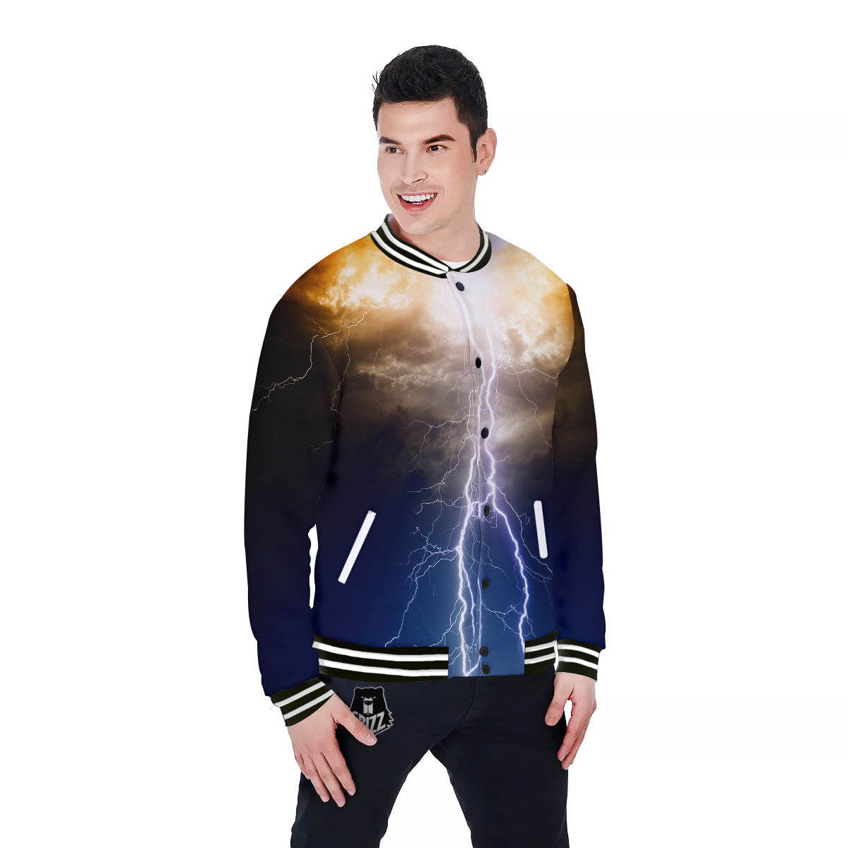 Apocalyptic Lightnings Print Baseball Jacket-grizzshop