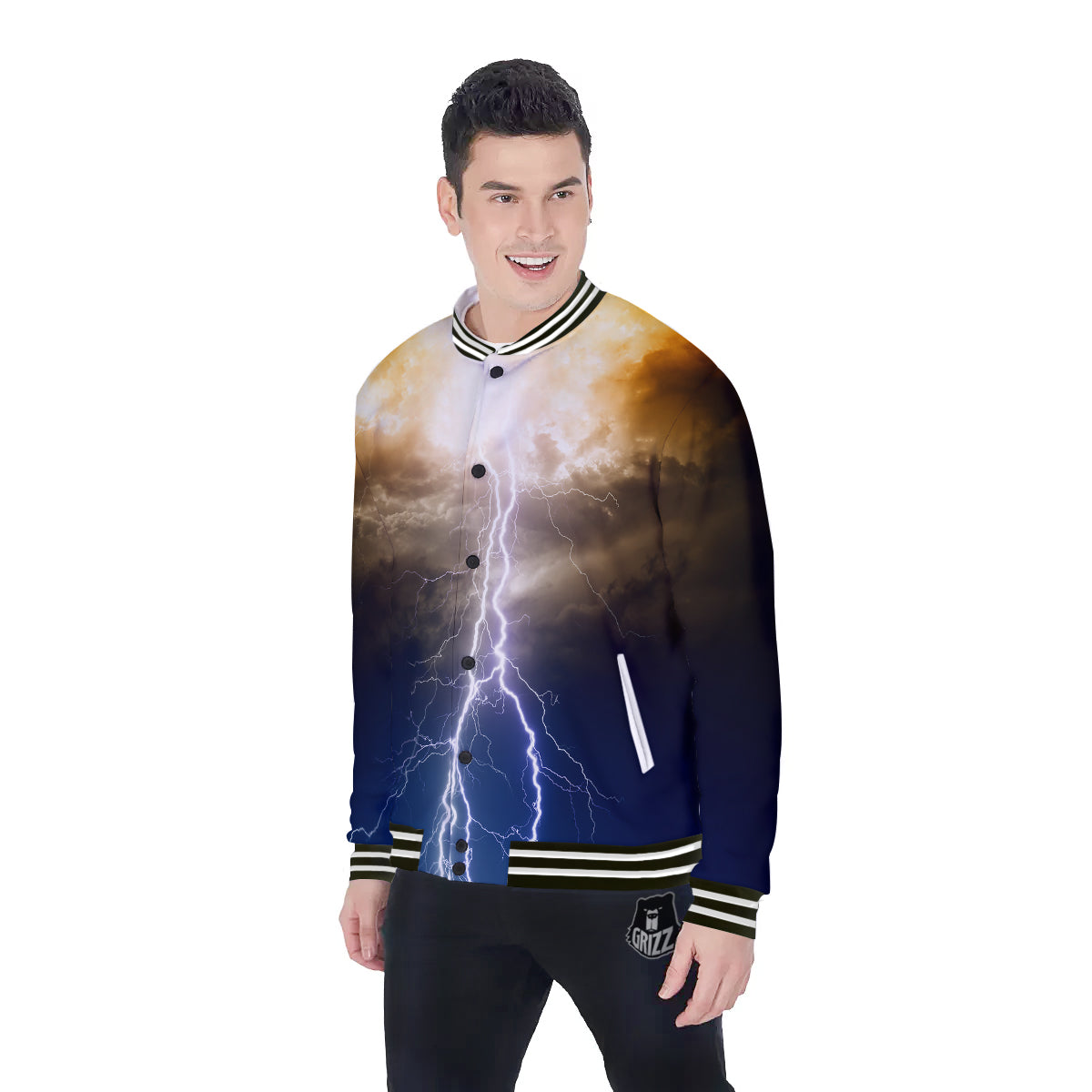 Apocalyptic Lightnings Print Baseball Jacket-grizzshop
