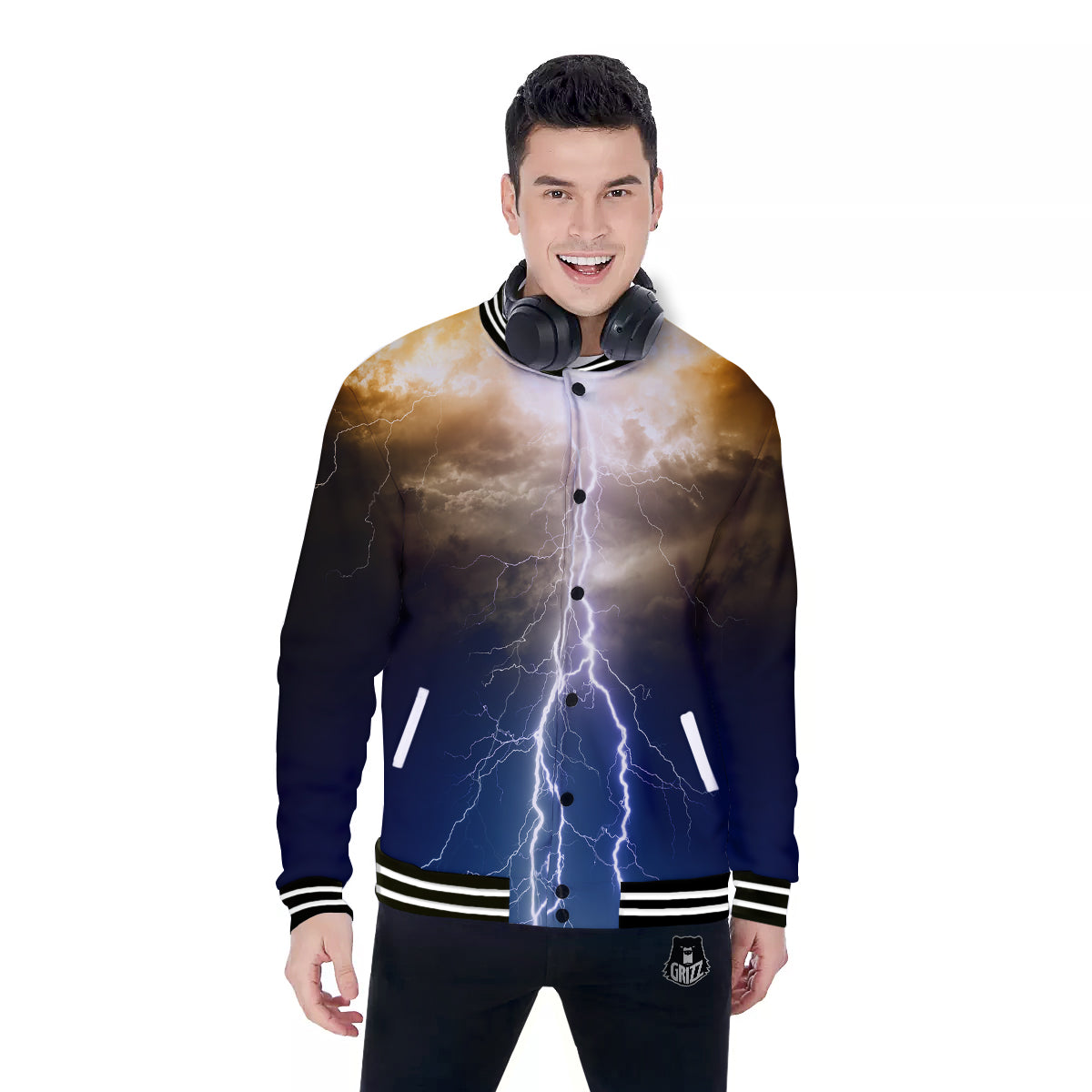 Apocalyptic Lightnings Print Baseball Jacket-grizzshop