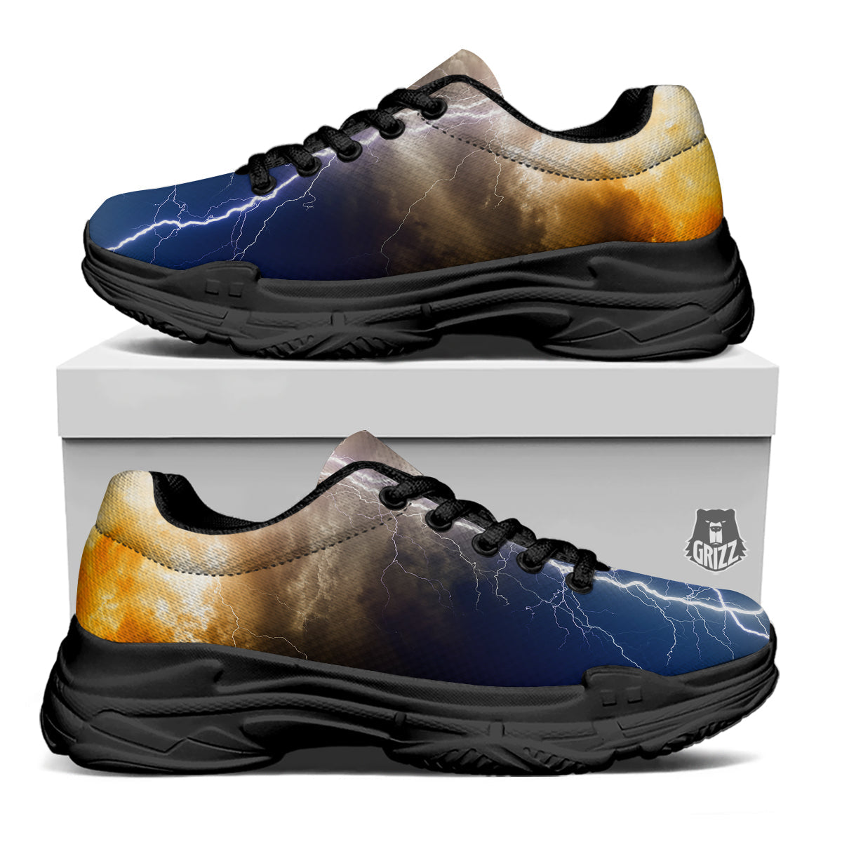 Apocalyptic Lightnings Print Black Chunky Shoes-grizzshop