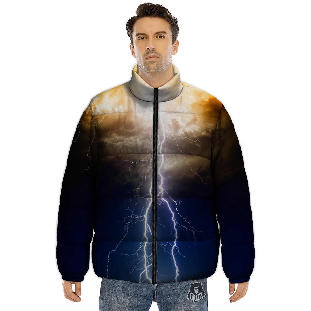 Apocalyptic Lightnings Print Puffer Jacket-grizzshop