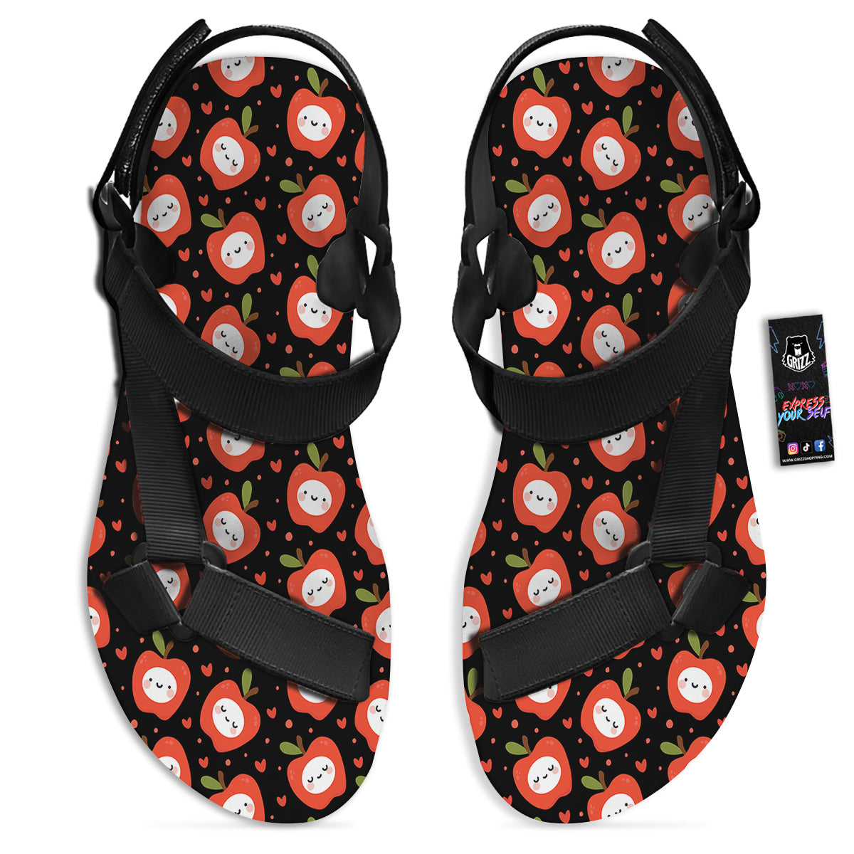 Apple Cute Print Pattern Black Open Toe Sandals-grizzshop