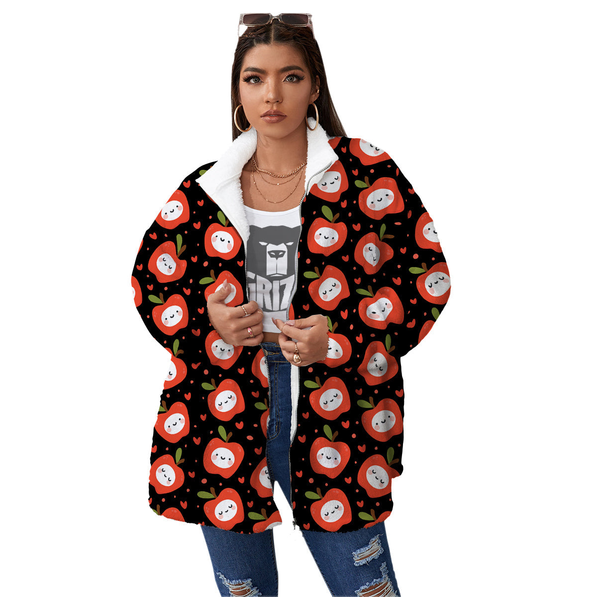 Apple Cute Print Pattern Women's Sherpa Jacket-grizzshop
