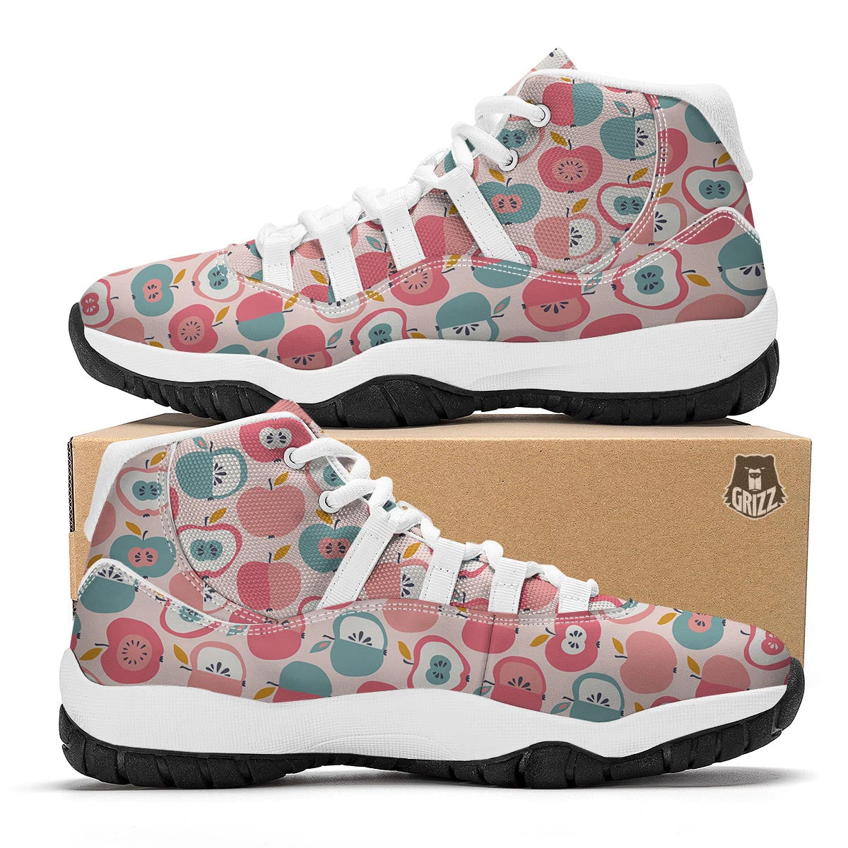 Apple Pattern Print White Bball Shoes-grizzshop