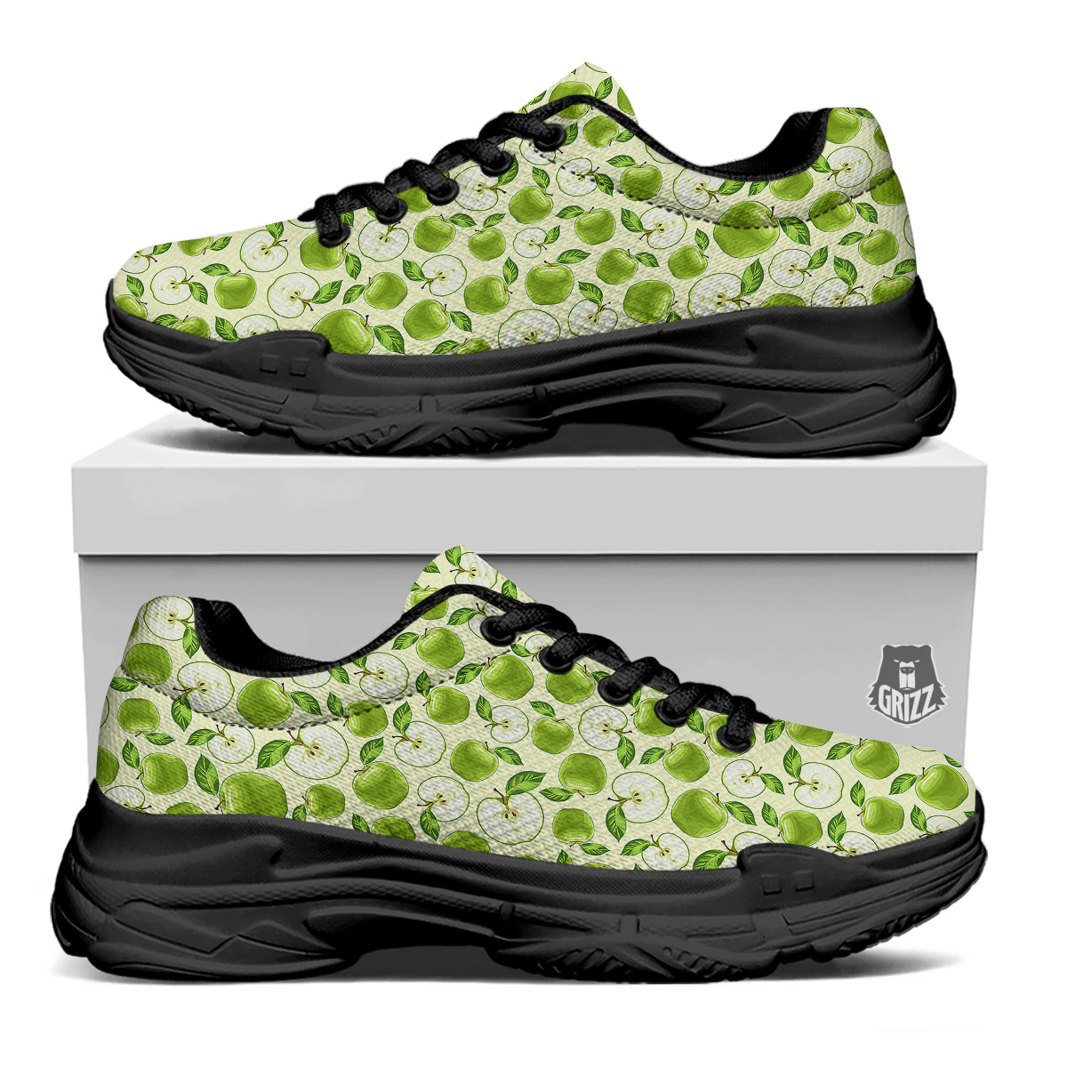 Apple Print Pattern Black Chunky Shoes-grizzshop