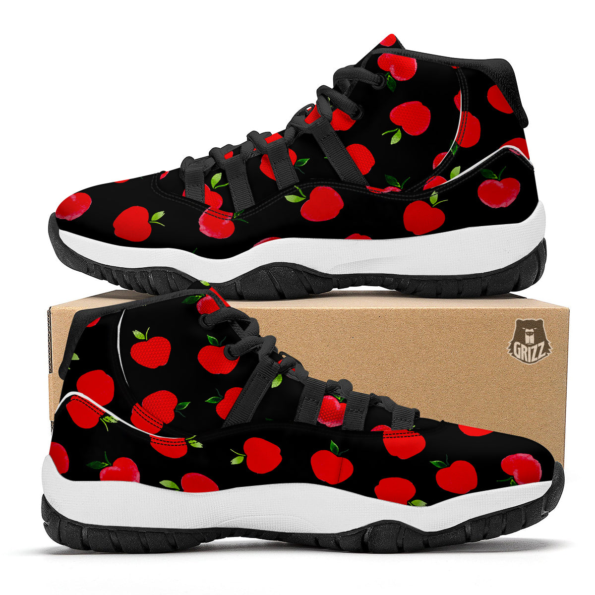 Apple Red Pattern Print Black Bball Shoes-grizzshop