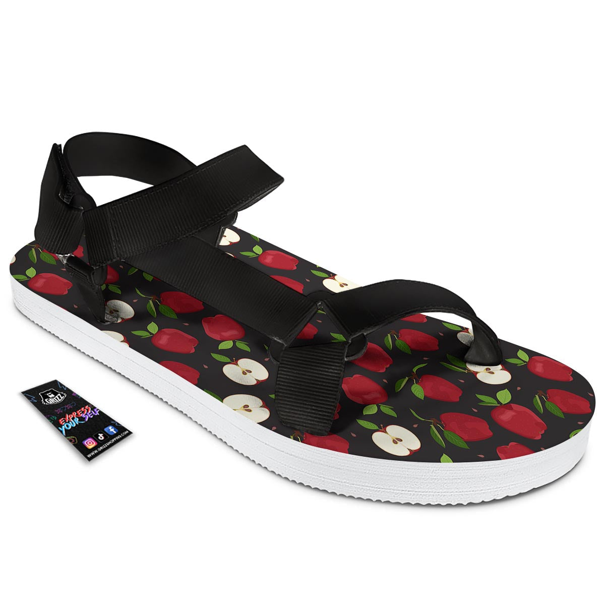 Apple Red Print Pattern Black Open Toe Sandals-grizzshop