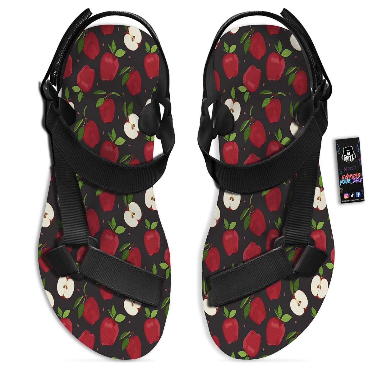 Apple Red Print Pattern Black Open Toe Sandals-grizzshop