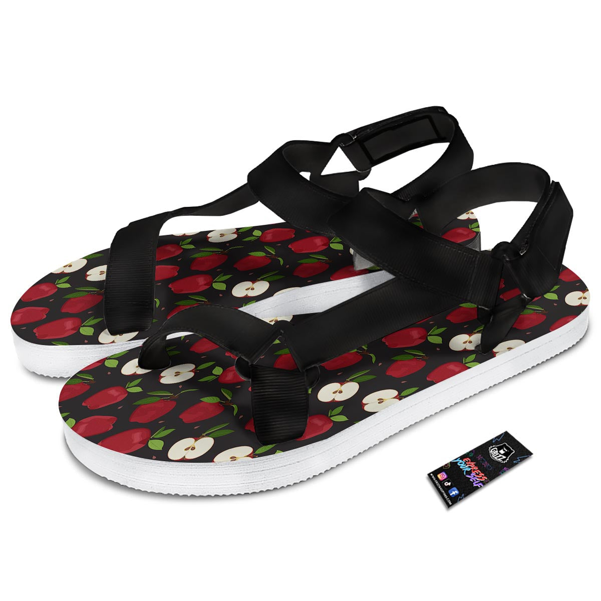 Apple Red Print Pattern Black Open Toe Sandals-grizzshop