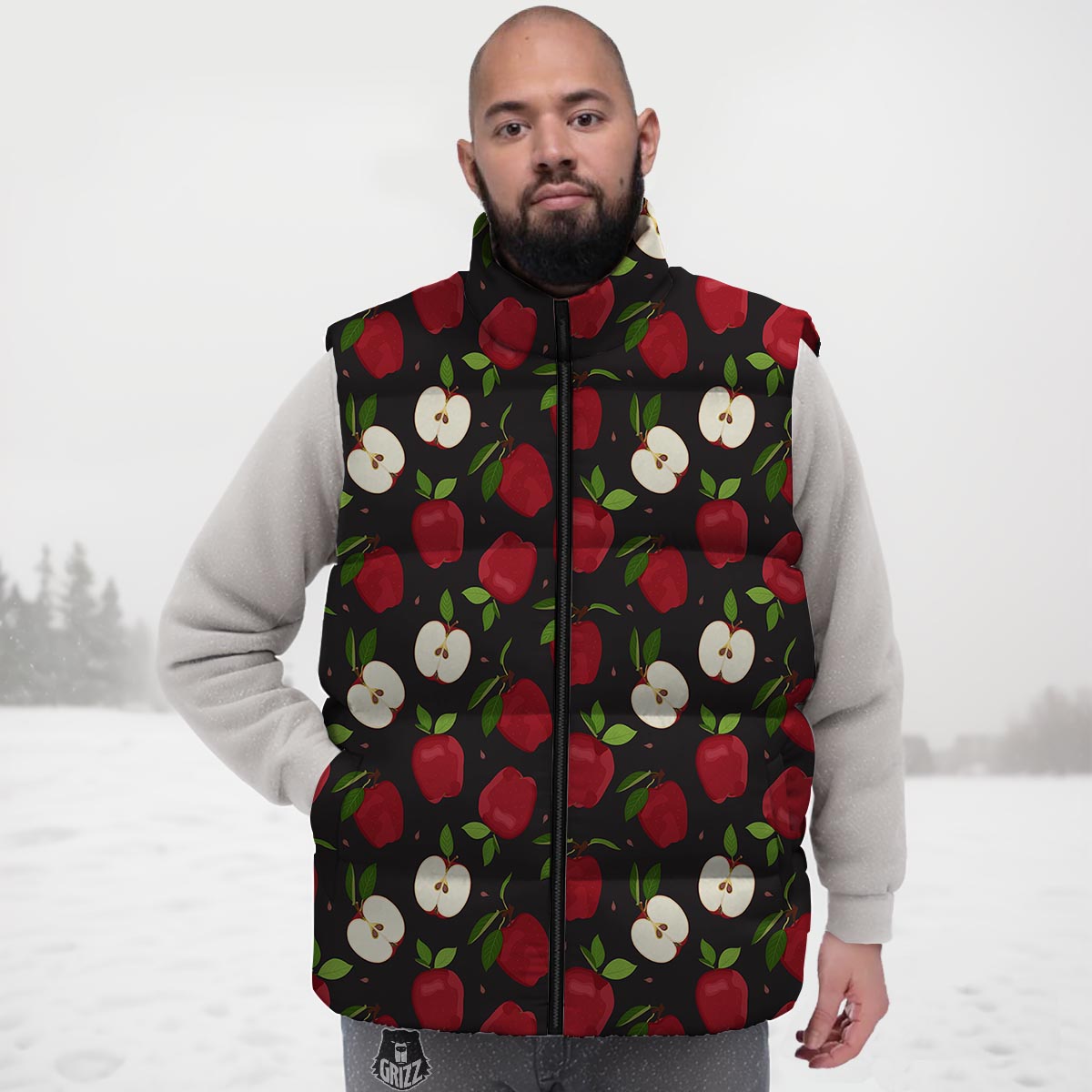 Apple Red Print Pattern Down Vest-grizzshop