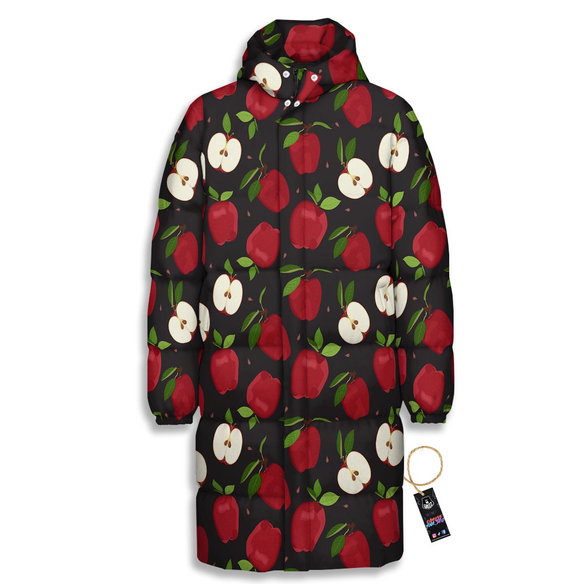 Apple Red Print Pattern Long Down Jacket-grizzshop