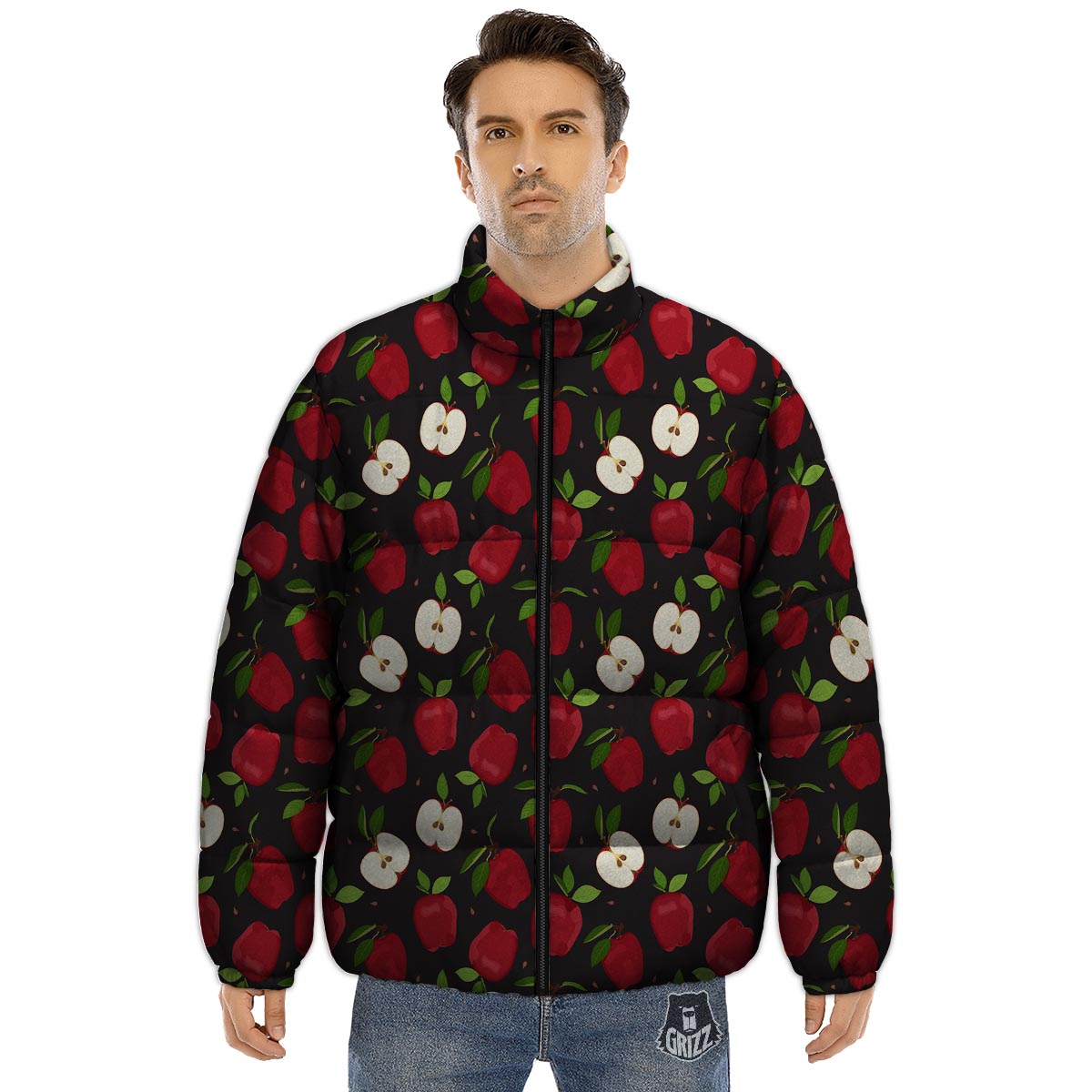 Apple Red Print Pattern Puffer Jacket-grizzshop