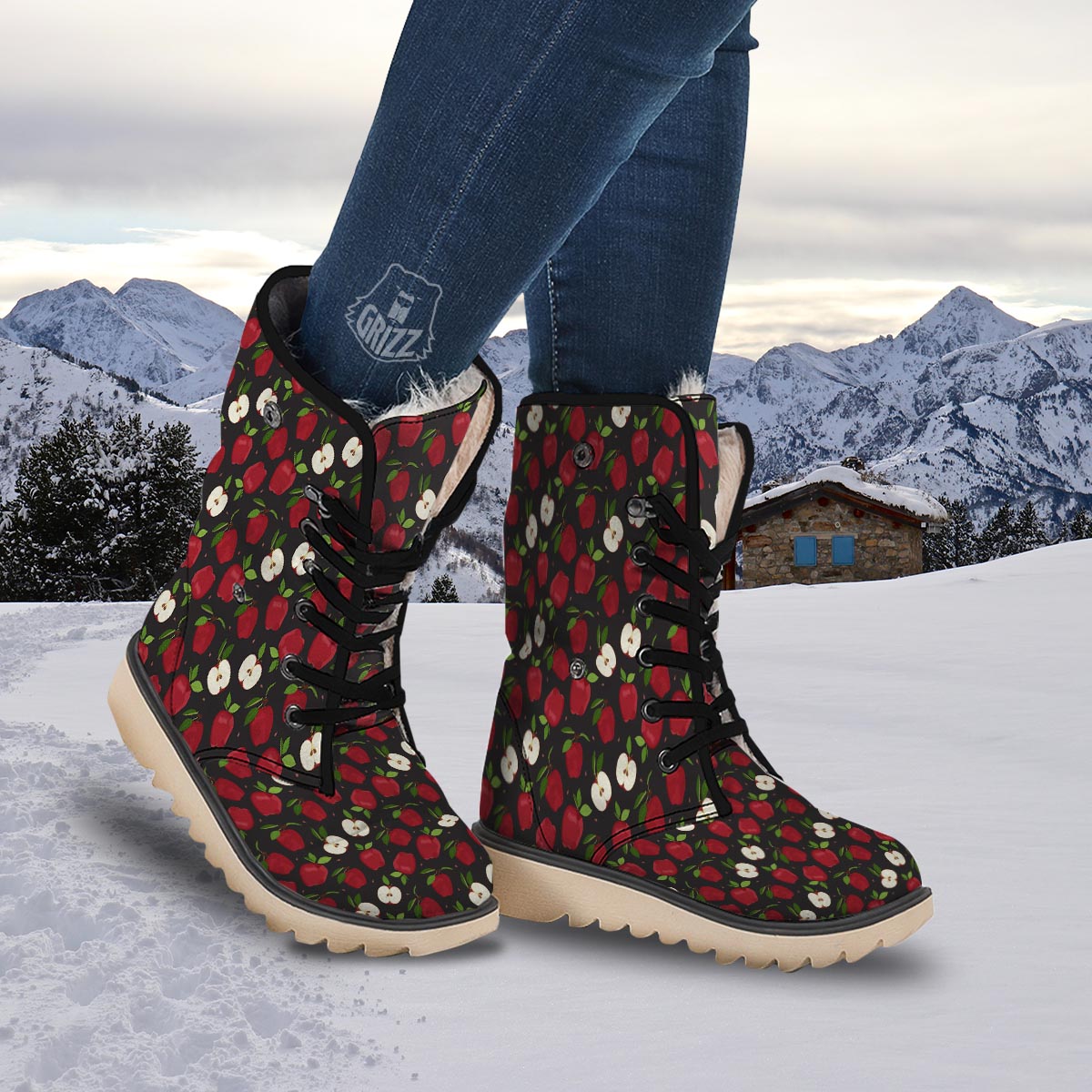 Apple Red Print Pattern Snow Boots-grizzshop