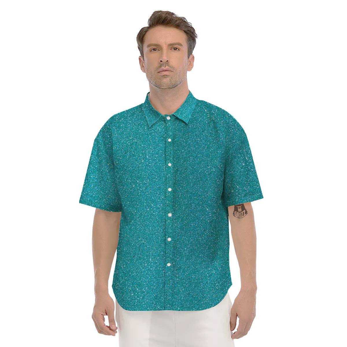 Aqua Glitter Artwork Print Men's Short Sleeve Shirts-grizzshop