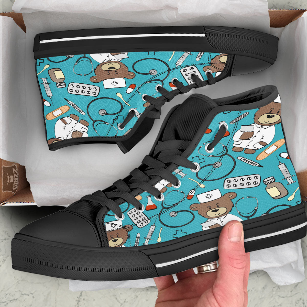 Aqua Teddy Bear Nurse Black High Top Shoes-grizzshop