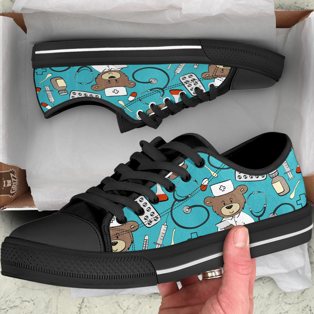 Aqua Teddy Bear Nurse Black Low Top Shoes-grizzshop