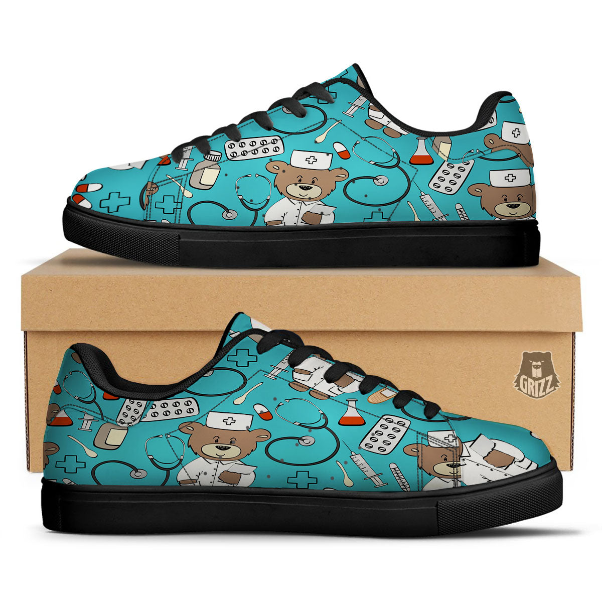 Aqua Teddy Bear Nurse Black Low Top Sneakers-grizzshop