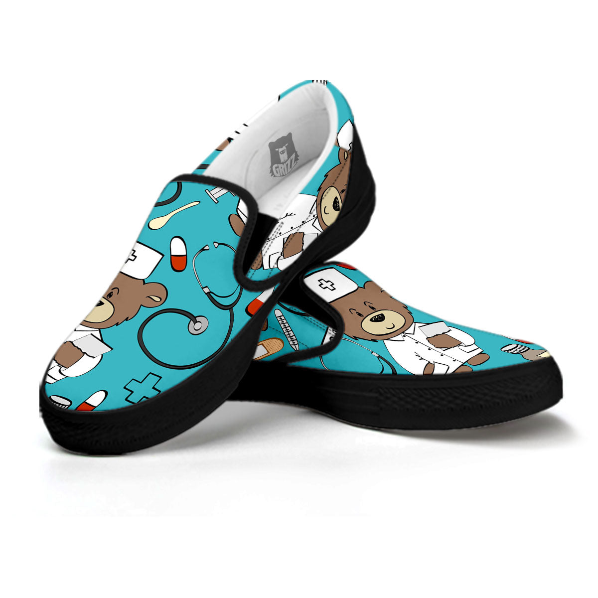 Aqua Teddy Bear Nurse Black Slip On Shoes-grizzshop