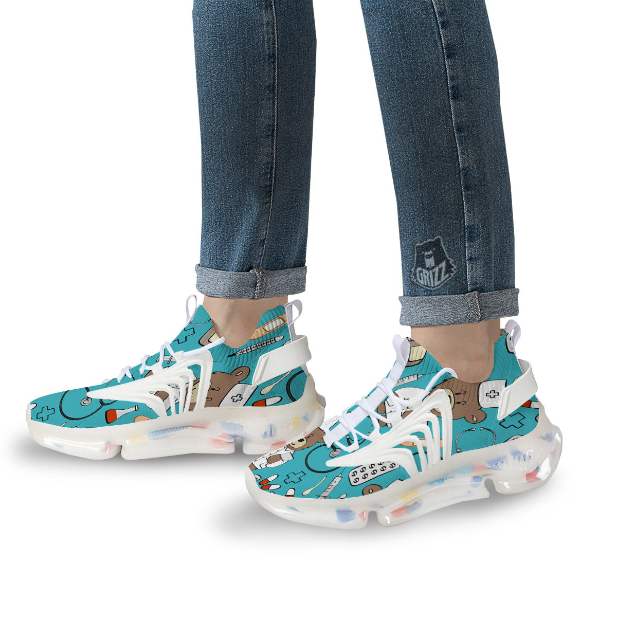 Aqua Teddy Bear Nurse White Gym Shoes-grizzshop