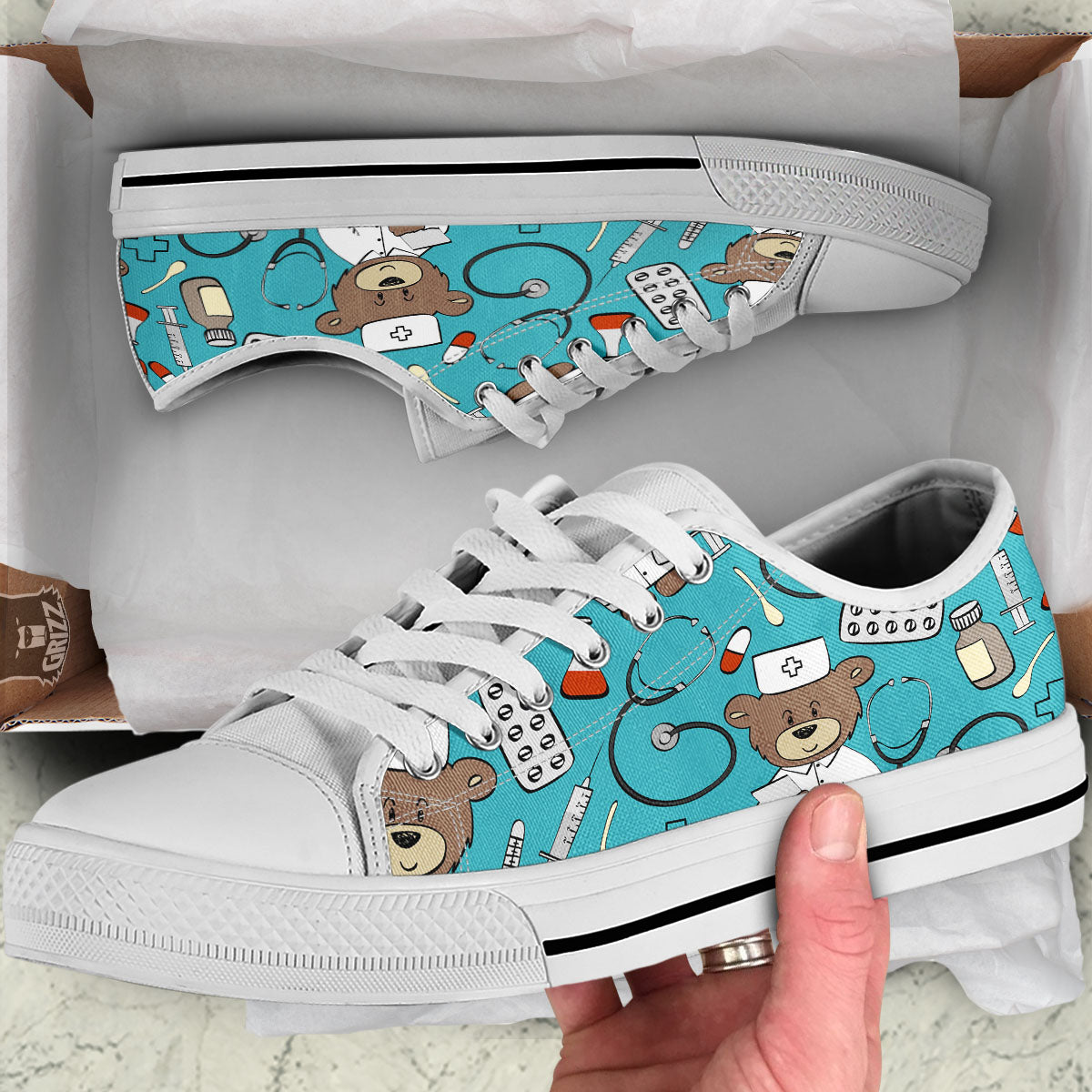 Aqua Teddy Bear Nurse White Low Top Shoes-grizzshop