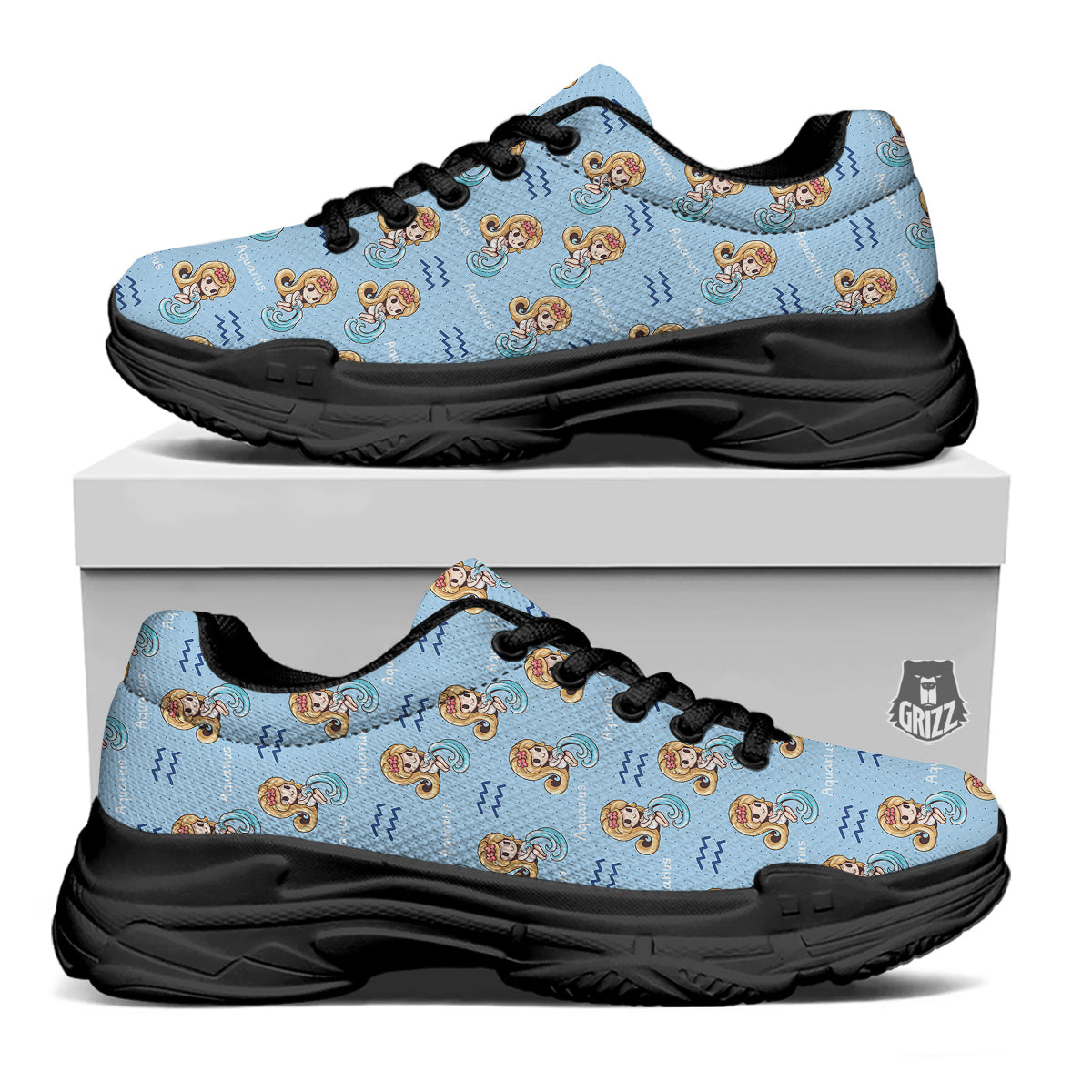 Aquarius Cute Cartoon Print Pattern Black Chunky Shoes-grizzshop