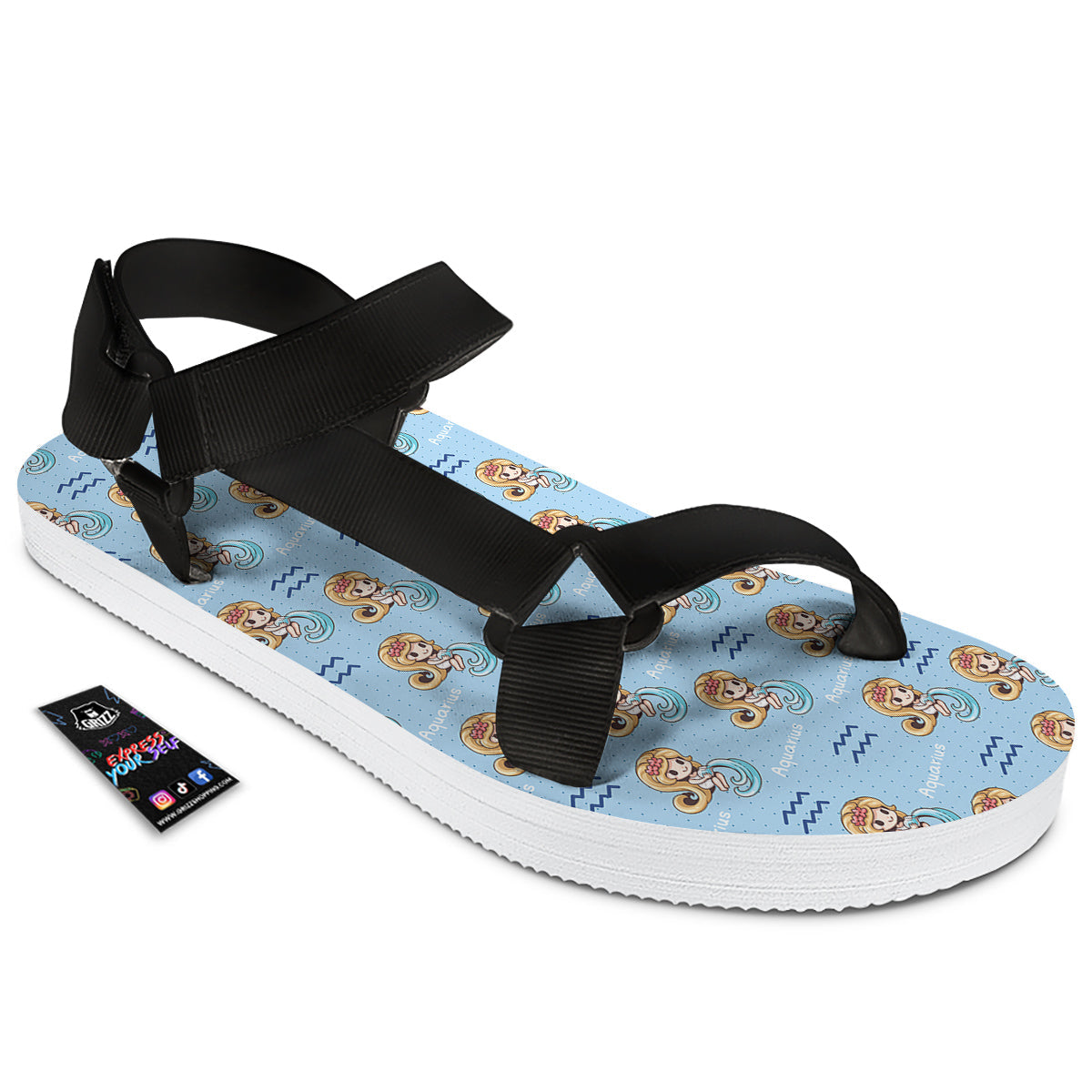 Aquarius Cute Cartoon Print Pattern Black Open Toe Sandals-grizzshop